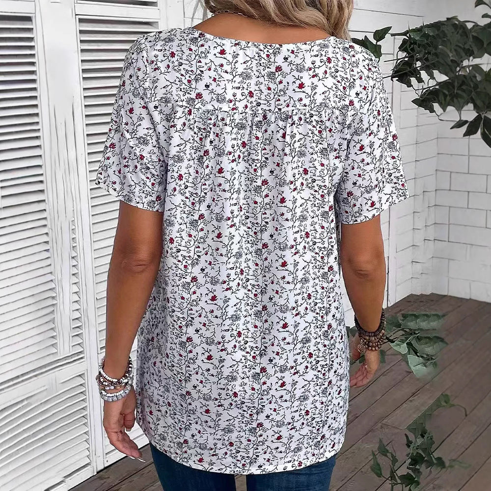 Ladies nan locker cut short sleeve blouse with V-neck, fine floral print and pleat Mune Fashion
