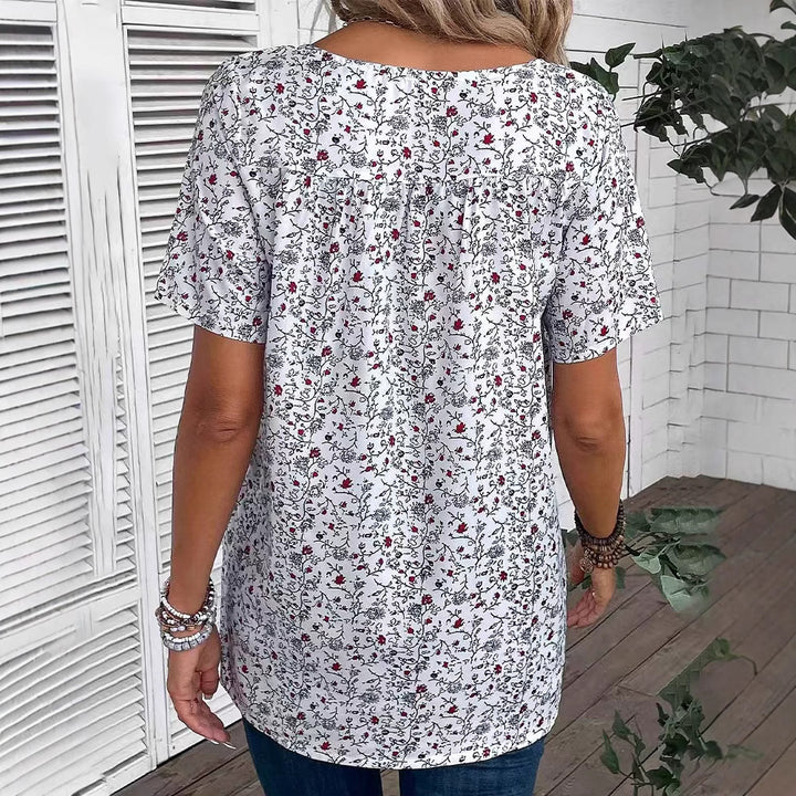 Ladies nan locker cut short sleeve blouse with V-neck, fine floral print and pleat Mune Fashion