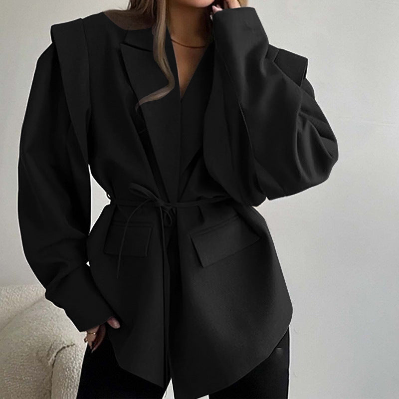 Ladies Tailored Wrap Blazer with Shoulder Pads and Tying Belt Mune Fashion