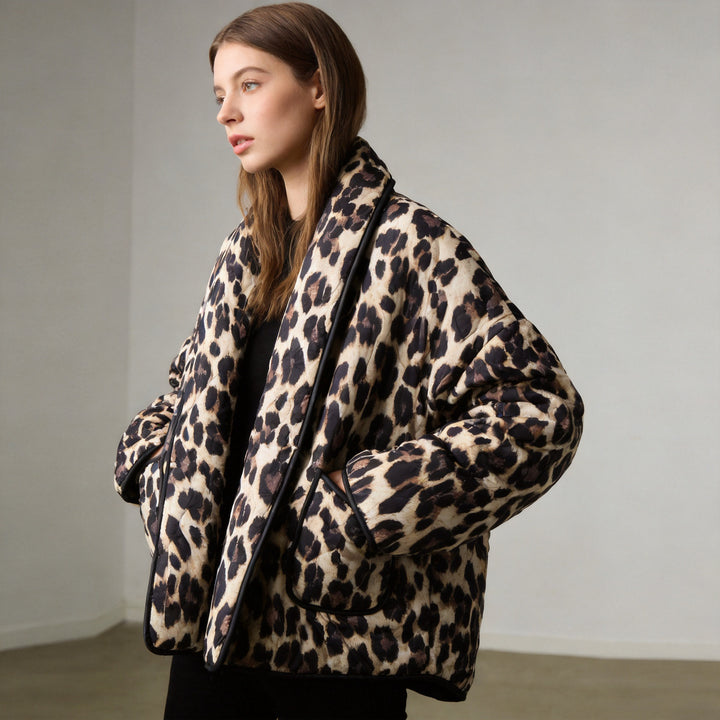 Women’s oversized quilted puffer jacket with leopard pattern and wide shawl collar Mune Fashion