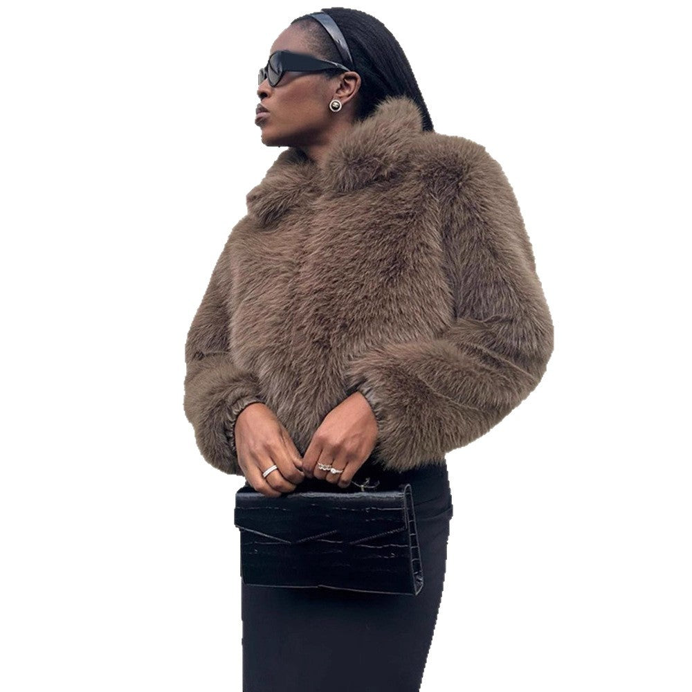 Women Short Boxy Faux Fur Blouson with Voluminous Shawl Collar and Lined Interior Mune Fashion