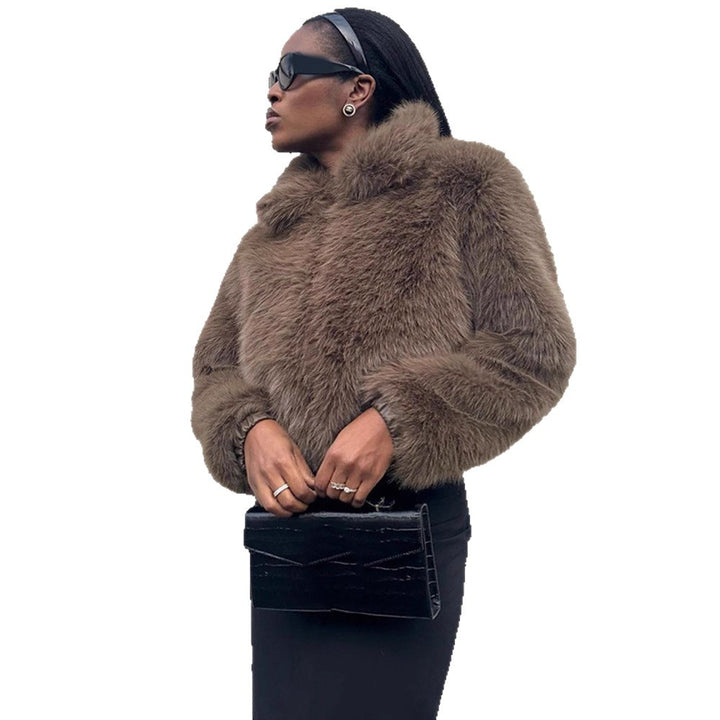 Women Short Boxy Faux Fur Blouson with Voluminous Shawl Collar and Lined Interior Mune Fashion