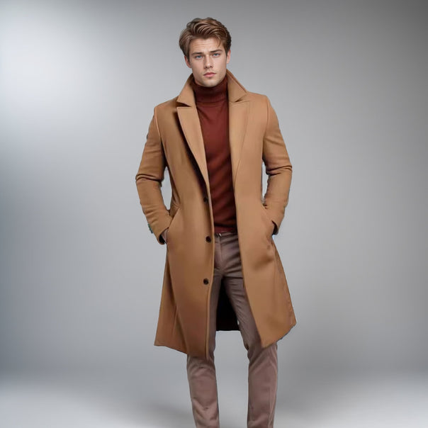 Men's Longer Tailored Wool Coat with Lapel Collar and Flap Pockets Mune Fashion