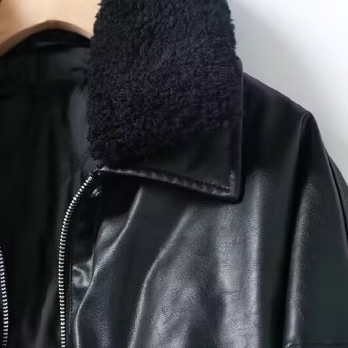 Women Oversized Faux Leather Bomber Jacket with Teddy Collar and Flap Pockets Mune Fashion