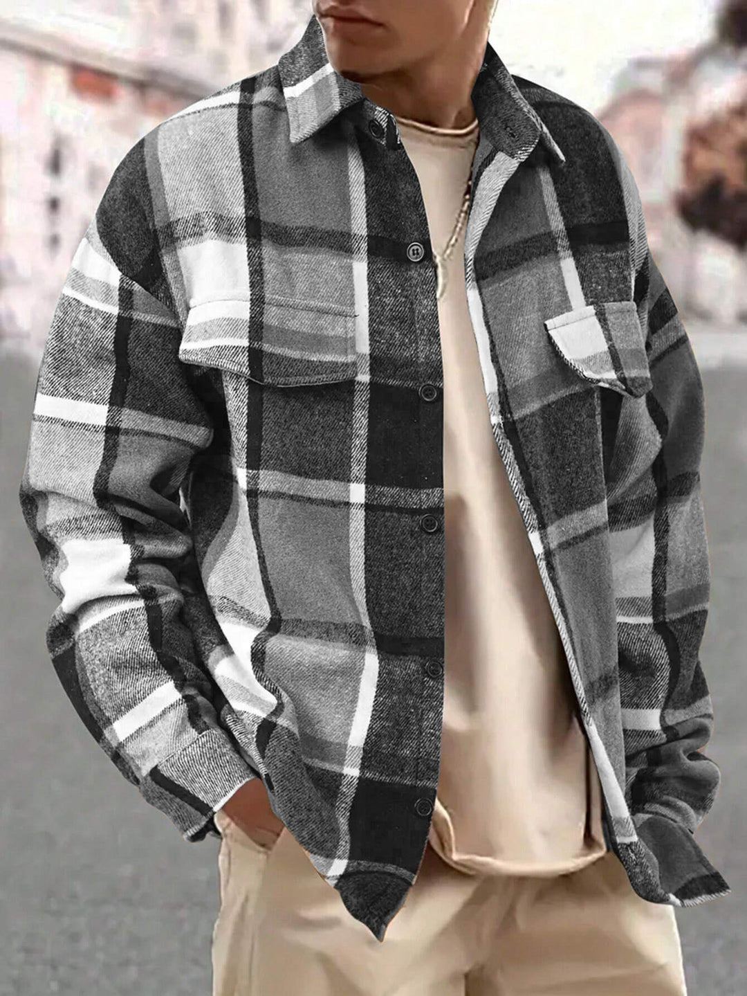 Men's oversized check shirt jacket made of soft flannel with patch chest pockets Mune Fashion