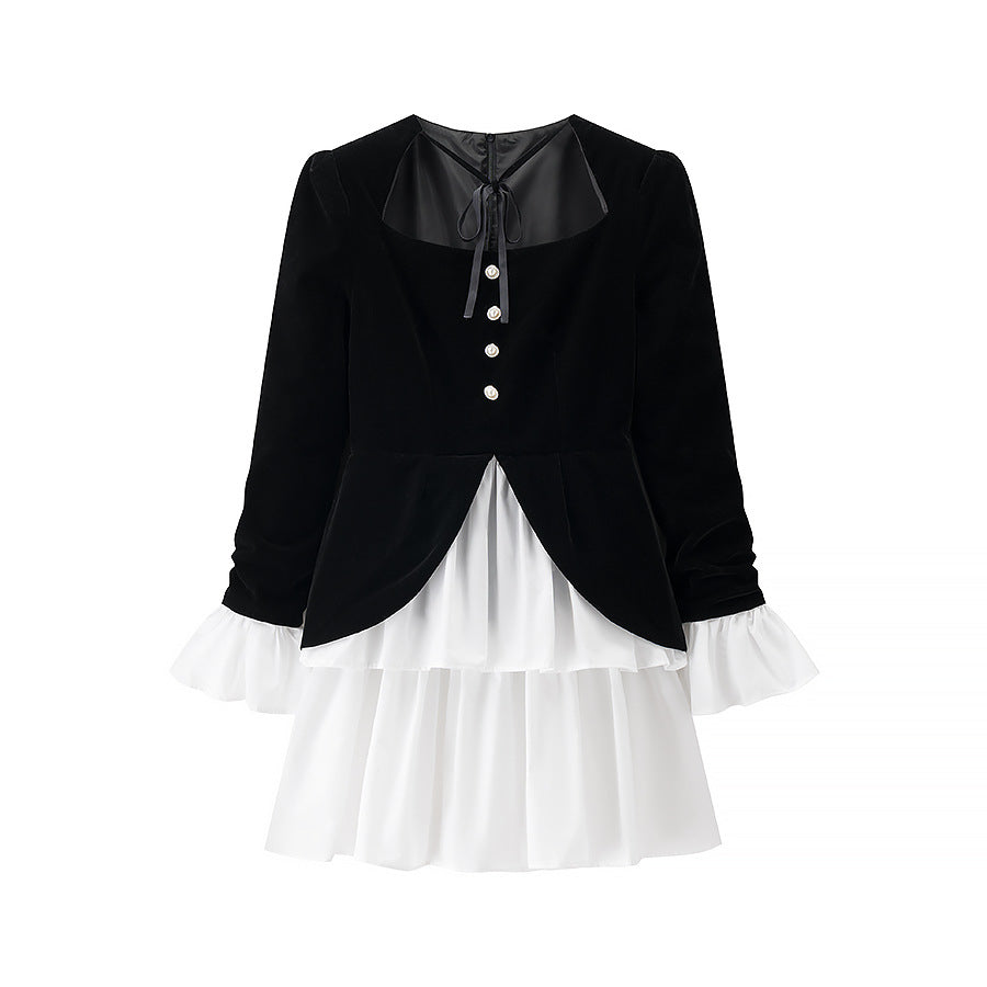 Women’s velvet dress with fitted bodice, puff sleeves, and layered ruffle skirt Mune Fashion