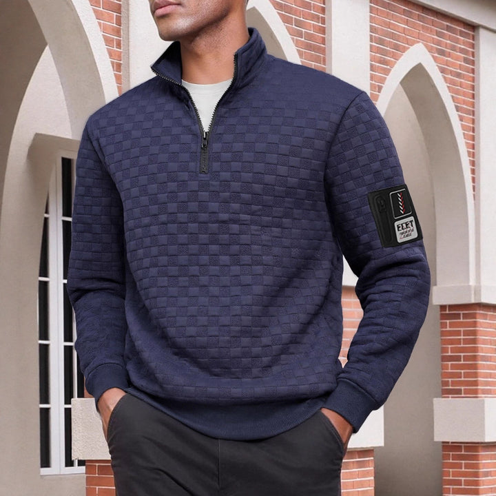 Men's structured stand-up collar half-zip sweater with check quilting, elastic cuffs and sleeve patch Mune Fashion