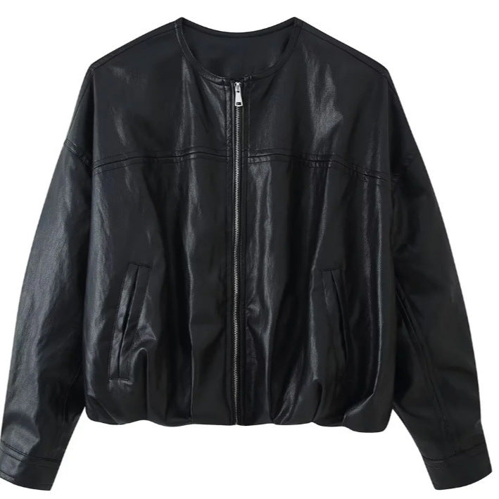 Women's Oversize Cropped Faux Leather Bomber Jacket with Round Neck and Elastic Hem Mune Fashion