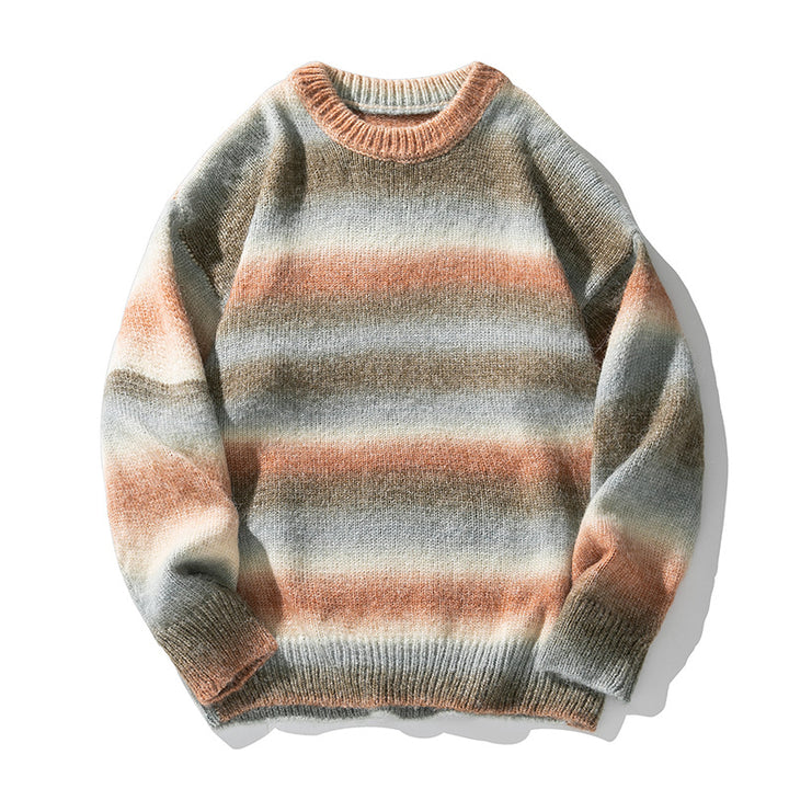 Unisex Oversize Mohair-Mix Round Neck Sweater with Gradient Stripes and Ribbed Hem Mune Fashion