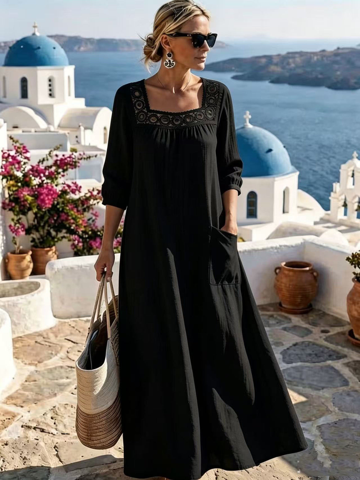 Women's maxi dress with crochet square neckline, three-quarter sleeves, and pocket Mune Fashion