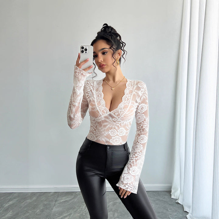 Women's fitted lace long-sleeve top with curved V-neckline, floral transparency, and flared cuffs Mune Fashion