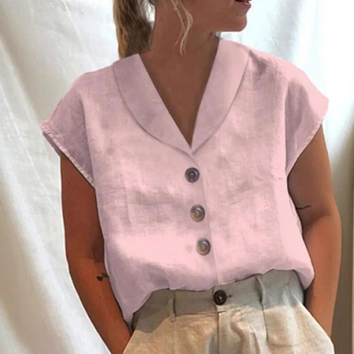 Women's casual linen blouse top with notched collar and wood button placket Mune Fashion