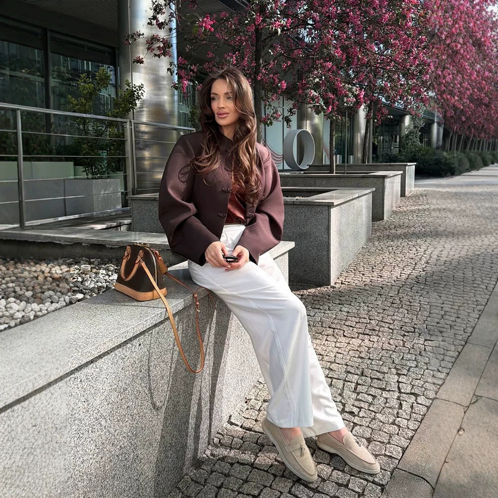 Women Short-cut Boxy Blazer with Stand Collar and Chinese Knot Buttons Mune Fashion