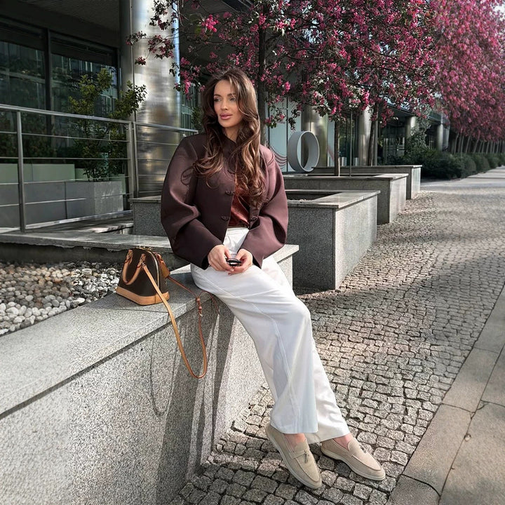 Women Short-cut Boxy Blazer with Stand Collar and Chinese Knot Buttons Mune Fashion