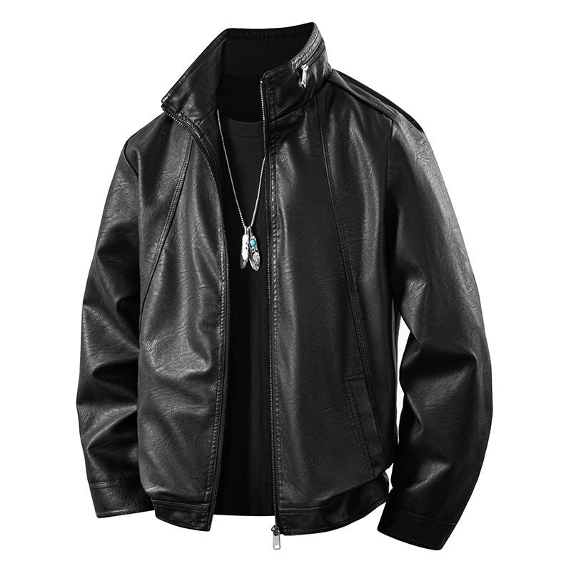 Men's timeless faux leather bomber jacket with soft-touch surface, standing collar, and concealed two-way zipper Mune Fashion
