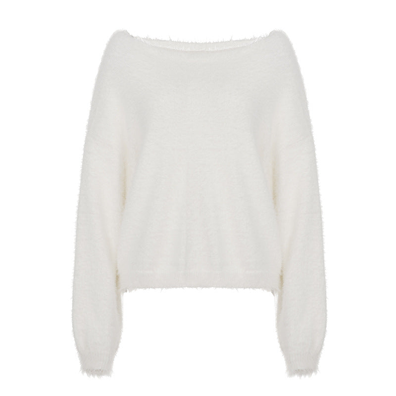 Women’s oversized fluffy mohair blend off-shoulder sweater with balloon sleeves Mune Fashion