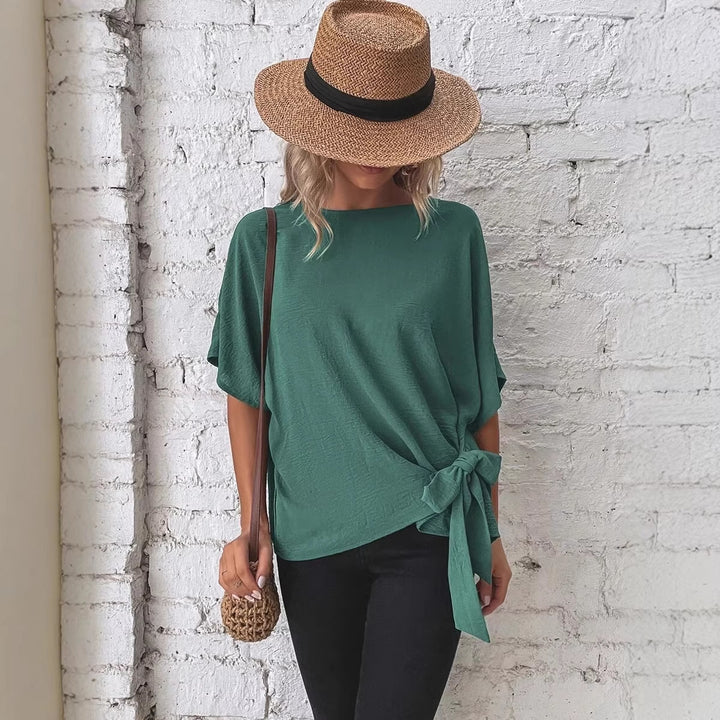 Women Oversize Short Sleeve Top with Side Bow and Crinkle Structure Mune Fashion
