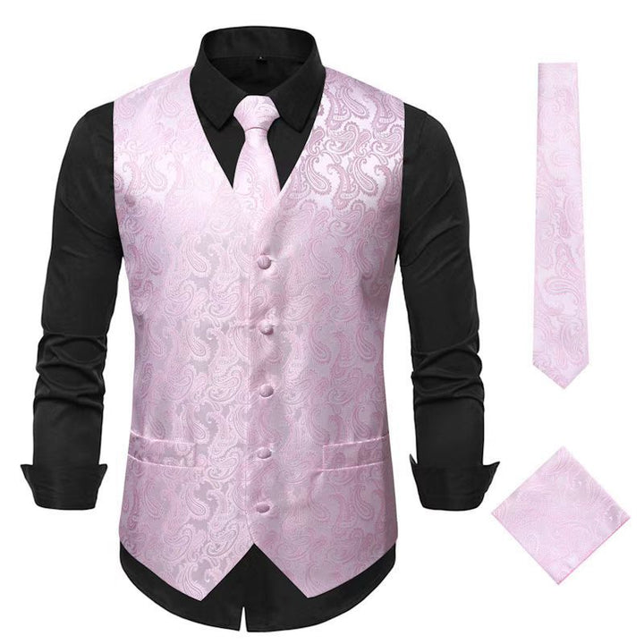 Men's Nan Paisley Satin Suit Vest Set with Tie and Pocket Square Mune Fashion