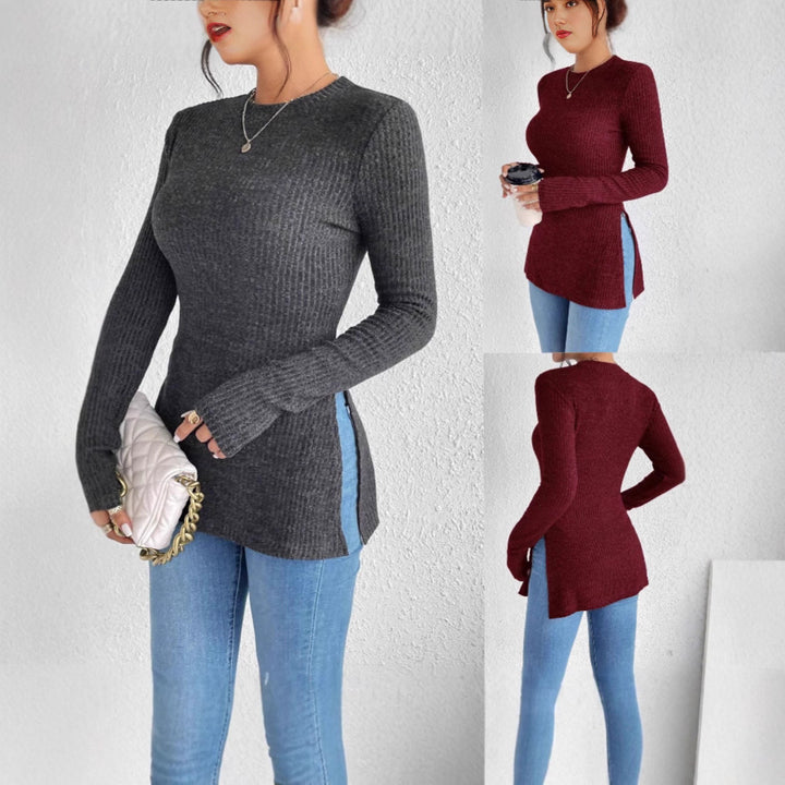 Women's Ribbed Tailored Fine Knit Sweater with Stand-up Collar, Long Sleeves and Side Slits Mune Fashion