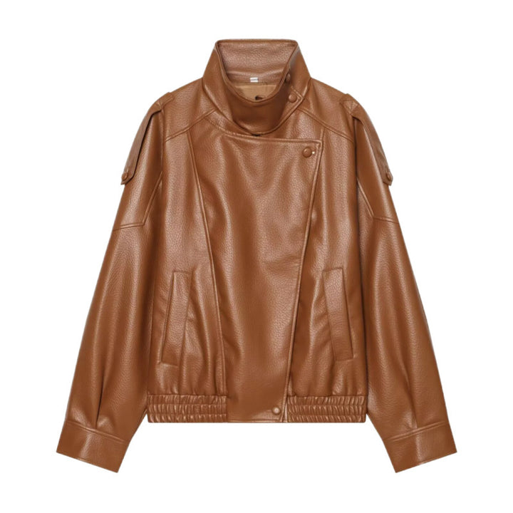 Women Faux Leather Bomber Jacket with High Stand Collar, Asymmetrical Closure and Elastic Hem Mune Fashion