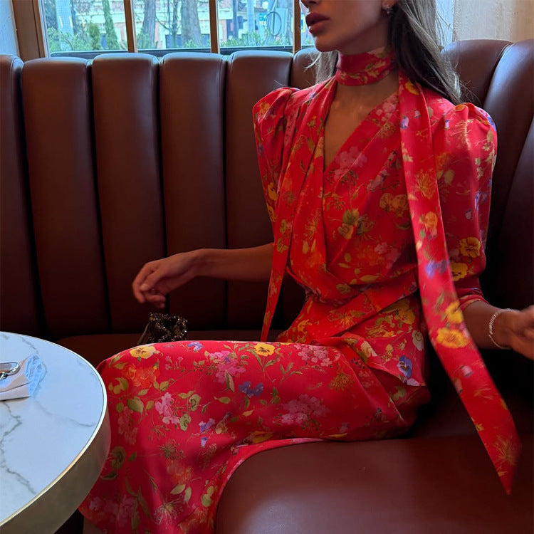 Women's Wrap Maxi Dress with Floral Print, Puff Sleeves and Shawl Collar Mune Fashion