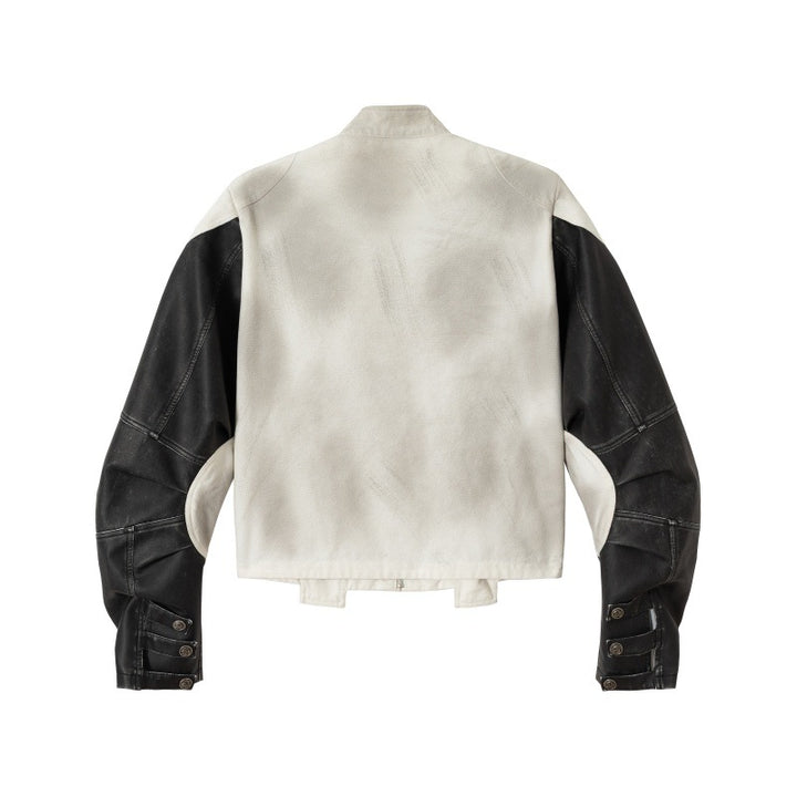 Unisex Short Cut Boxy Biker Jacket in Vintage Leather Look with Graphic Skull Print and Stand-up Collar Mune Fashion