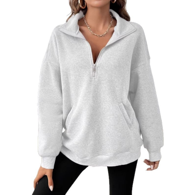 Women's Oversized Sweatshirt with Half Zipper, Kangaroo Pocket, and Stand Collar Drune