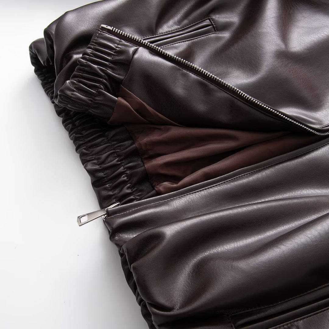 Women's Oversized Faux Leather Blouson Jacket with Collar, Zipper and Elastic Hem Mune Fashion