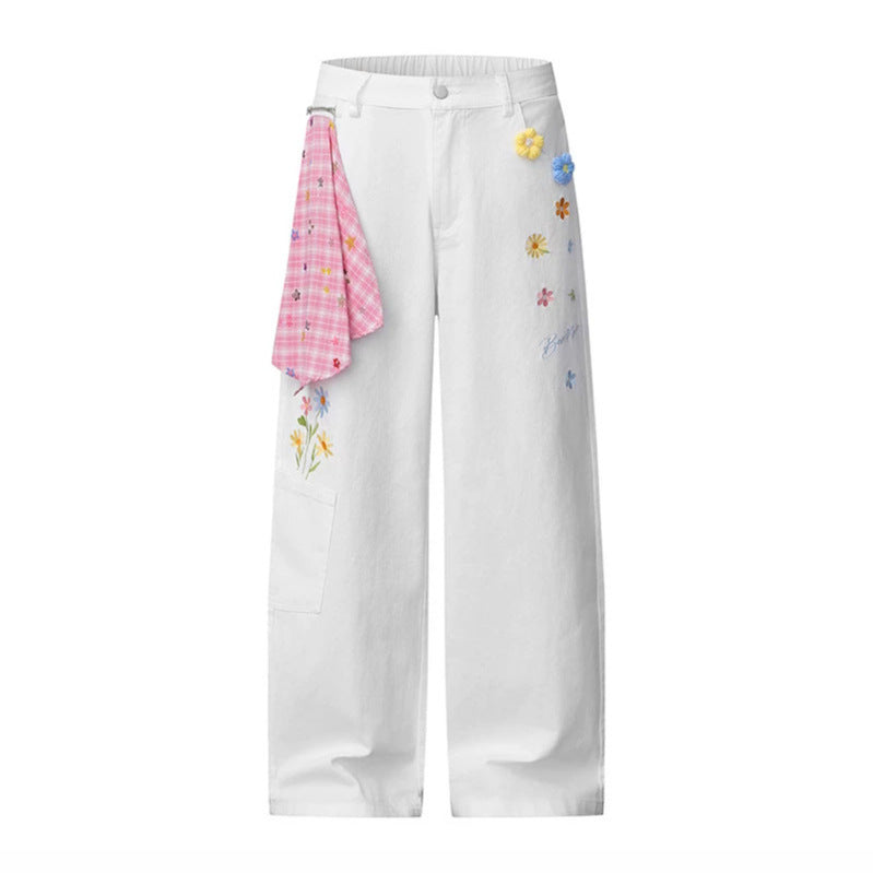 Ladies Wide High-Waist Denim Palazzo Jeans with Floral Embroidery, Cargo Pocket and Scarf Detail Mune Fashion