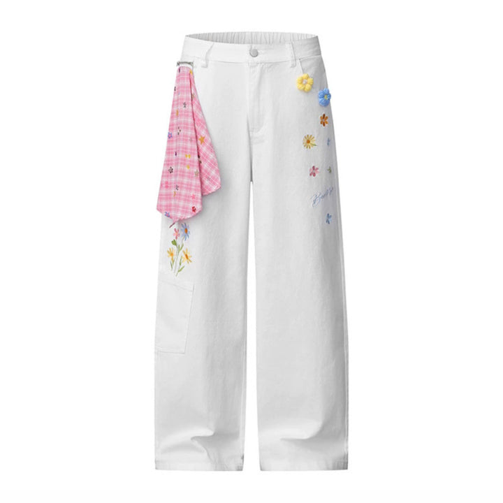 Ladies Wide High-Waist Denim Palazzo Jeans with Floral Embroidery, Cargo Pocket and Scarf Detail Mune Fashion