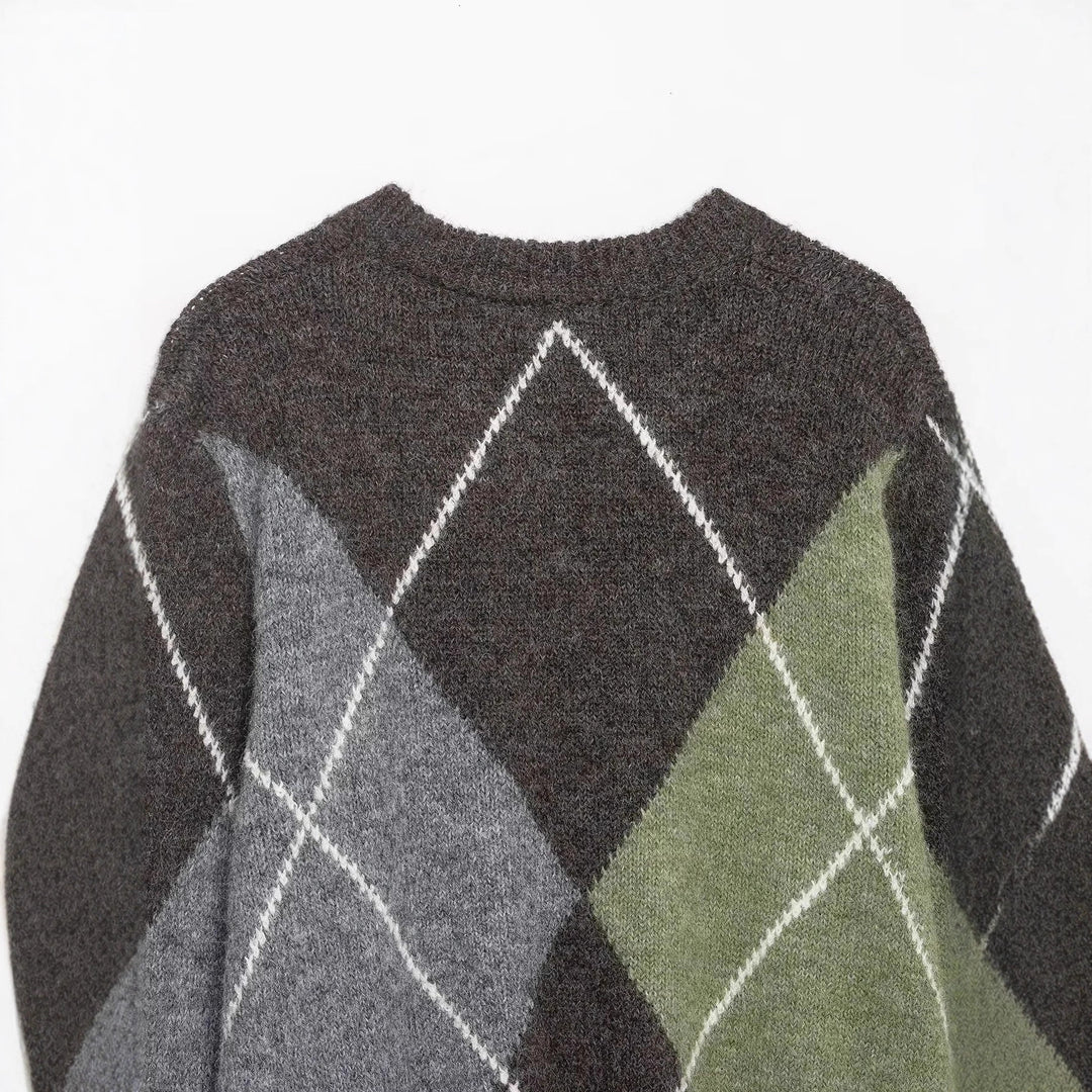 Women oversized check knit sweater with round neck, oversized fit and ribbed hem Mune Fashion
