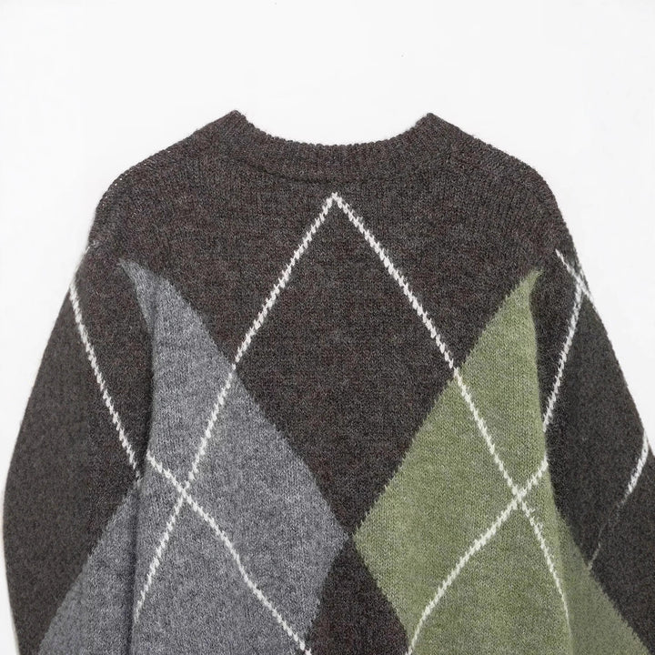 Women oversized check knit sweater with round neck, oversized fit and ribbed hem Mune Fashion