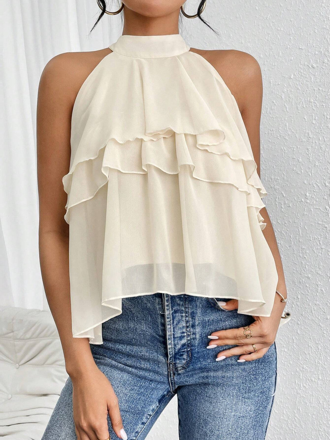 Women's Airy Chiffon Top with Stand Collar and Layered Ruffles Mune Fashion