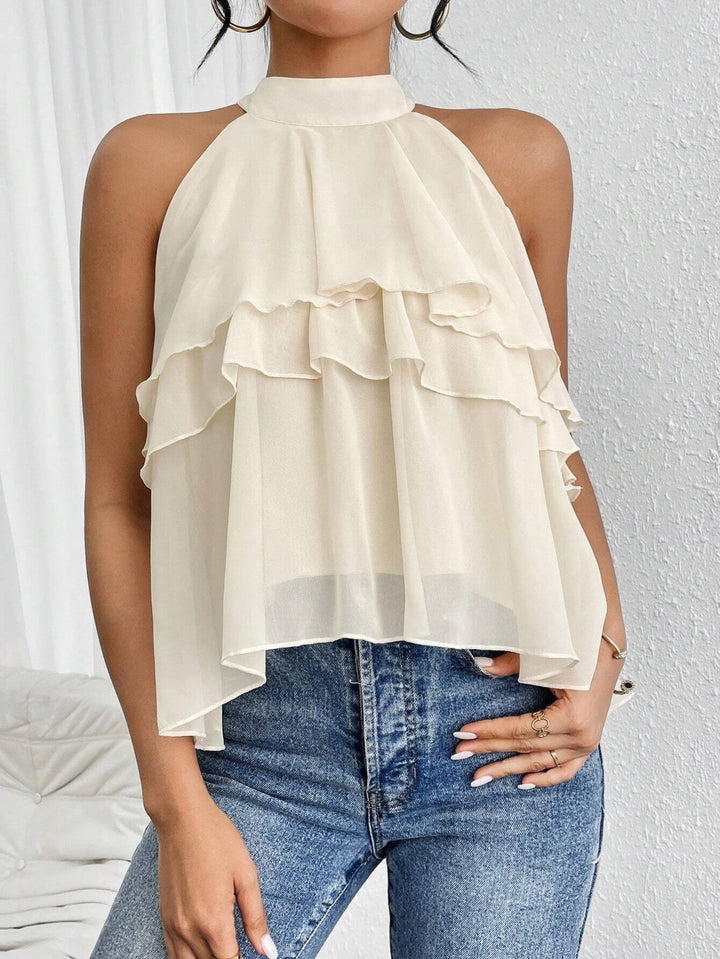 Women's Airy Chiffon Top with Stand Collar and Layered Ruffles Mune Fashion