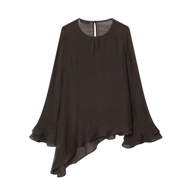 Women 50+ layered ruffle blouse with asymmetrical hem and bell sleeves Mune Fashion