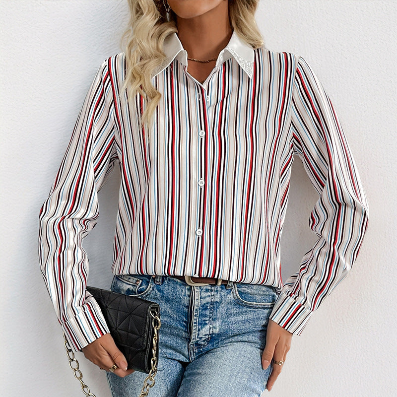 Women Striped Shirt Blouse with Decorative Collar and Long Sleeve Cuffs Mune Fashion
