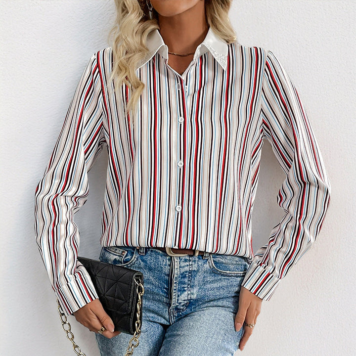 Women Striped Shirt Blouse with Decorative Collar and Long Sleeve Cuffs Mune Fashion