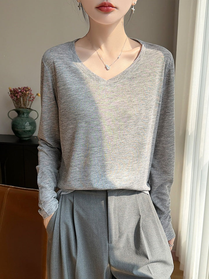 Ladies Lightweight V-Neck Fine Knit Long Sleeve Mune Fashion