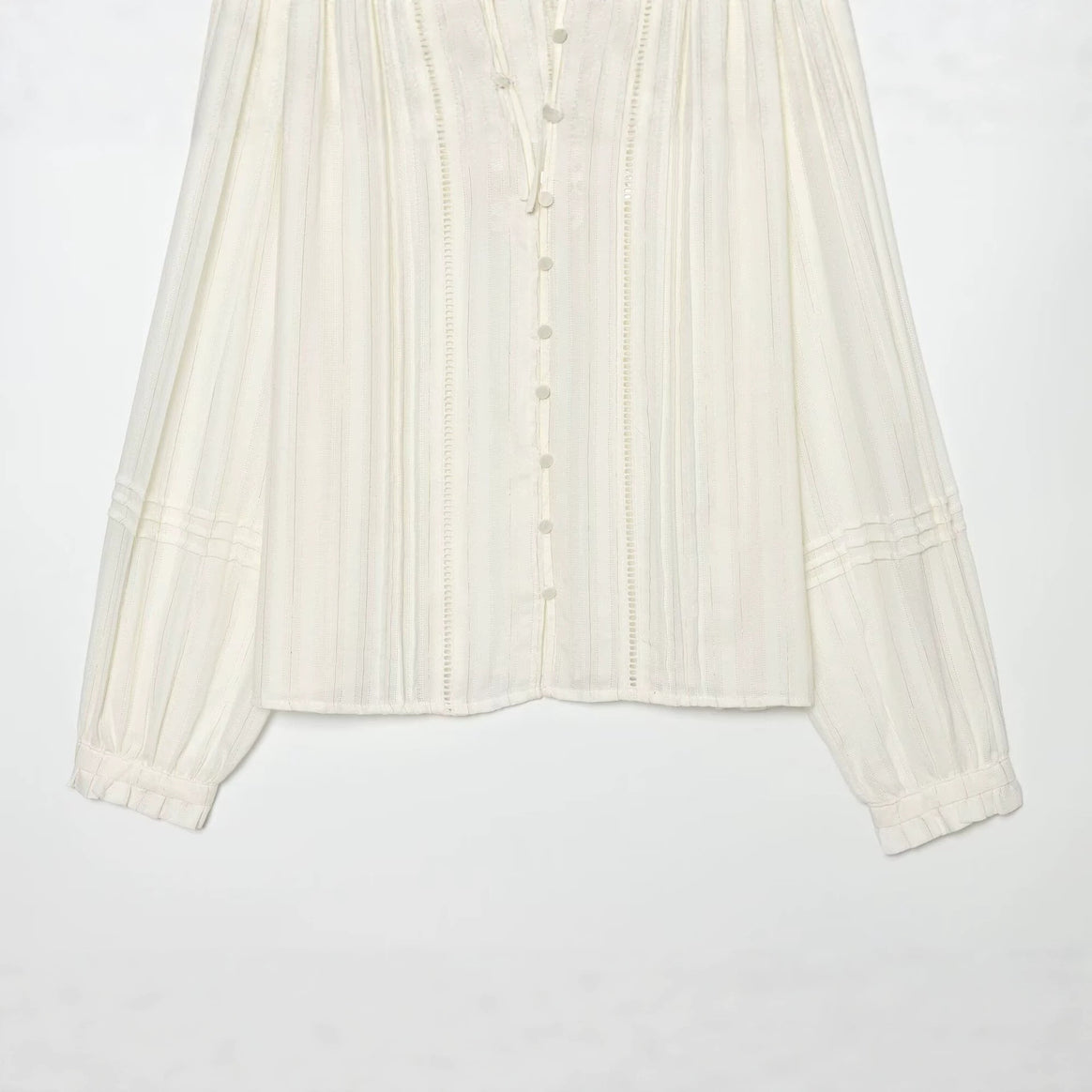 Women's Pleated Blouse with Ruffled Collar, Button Placket and Ribbon Mune Fashion