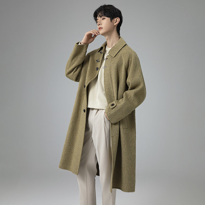 Men's Structured Maxi-Length Wool Blend Overcoat with Straight Cut and Decorative Toggle Closures Mune Fashion