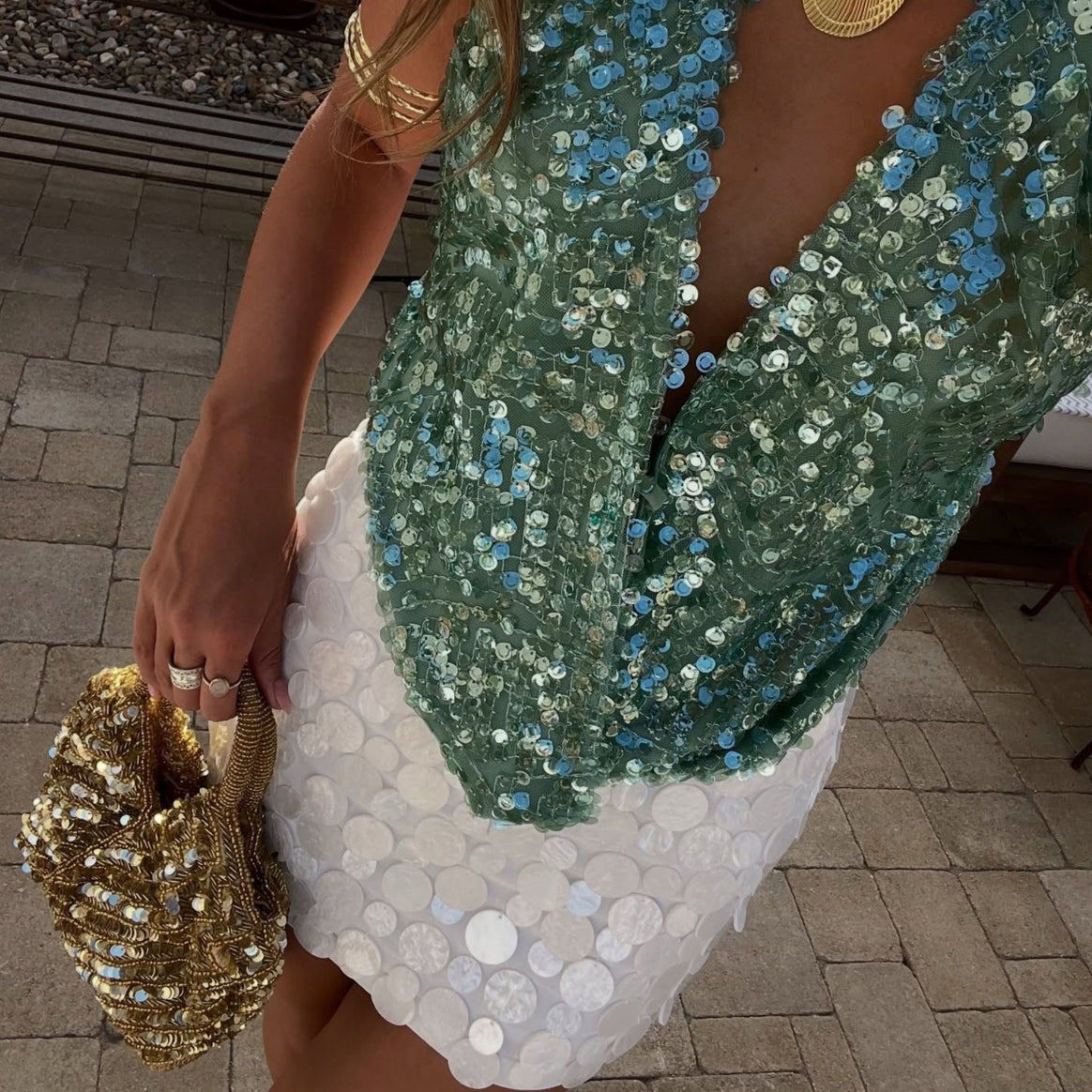 Women's rhinestone-embellished top with deep V-neck Mune Fashion