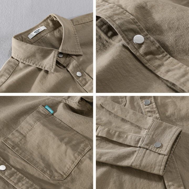 Men's overshirt in shirt jacket style made of light cotton blend with snap button placket and patch chest pockets Mune Fashion