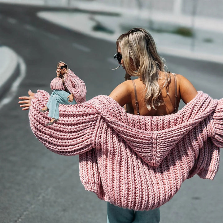Women Oversize Chunky Knit Cardigan with Large Hood & Voluminous Sleeves Mune Fashion