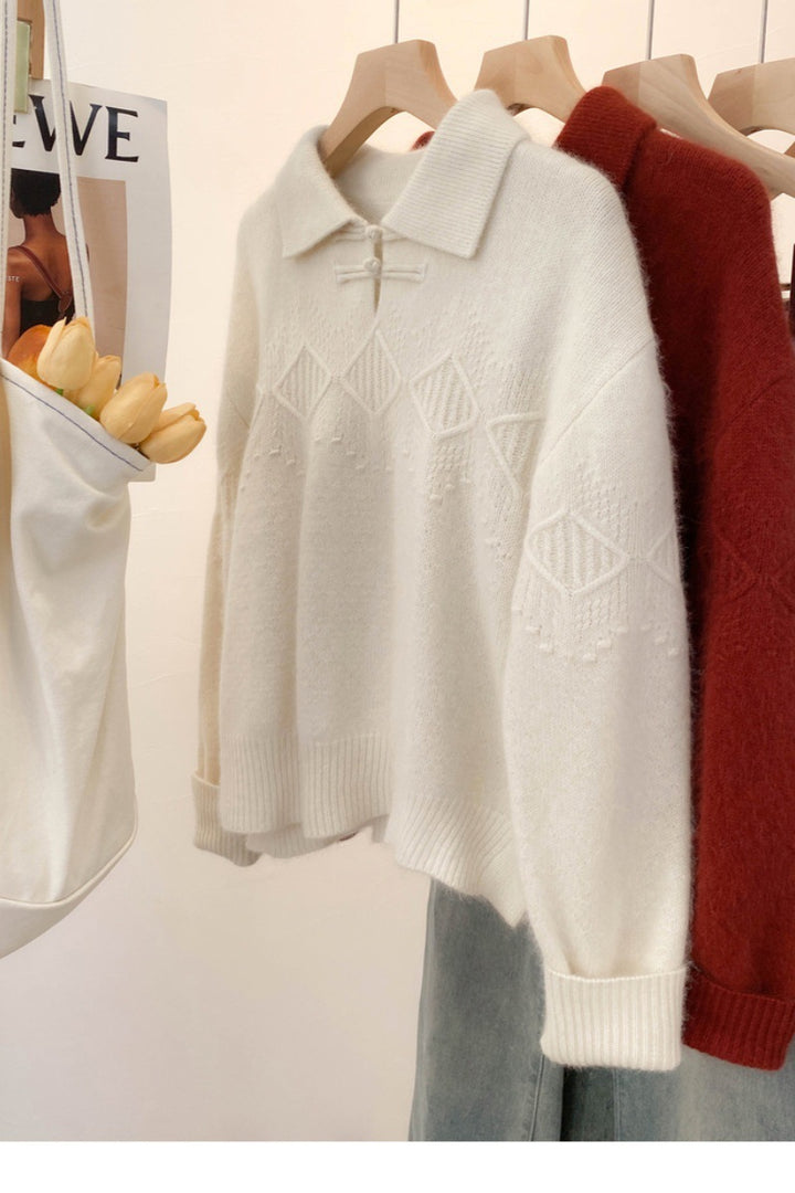 Women’s polo collar pullover in mohair look with ajour cable pattern, dropped shoulder and wide silhouette Mune Fashion