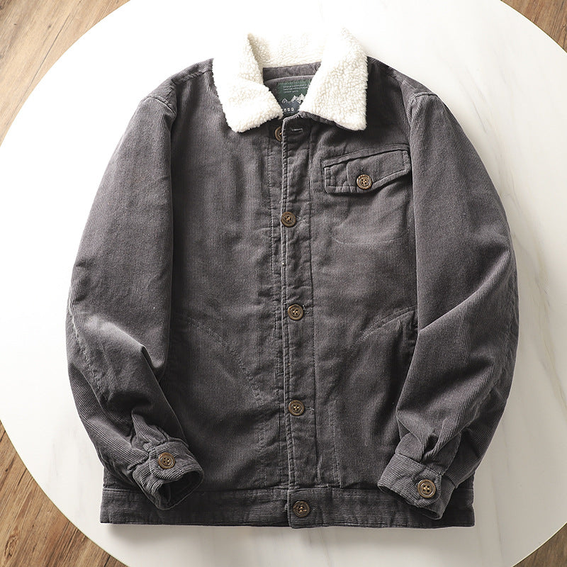 Men's non-padded cord jacket with teddy collar, button placket and patch pockets.