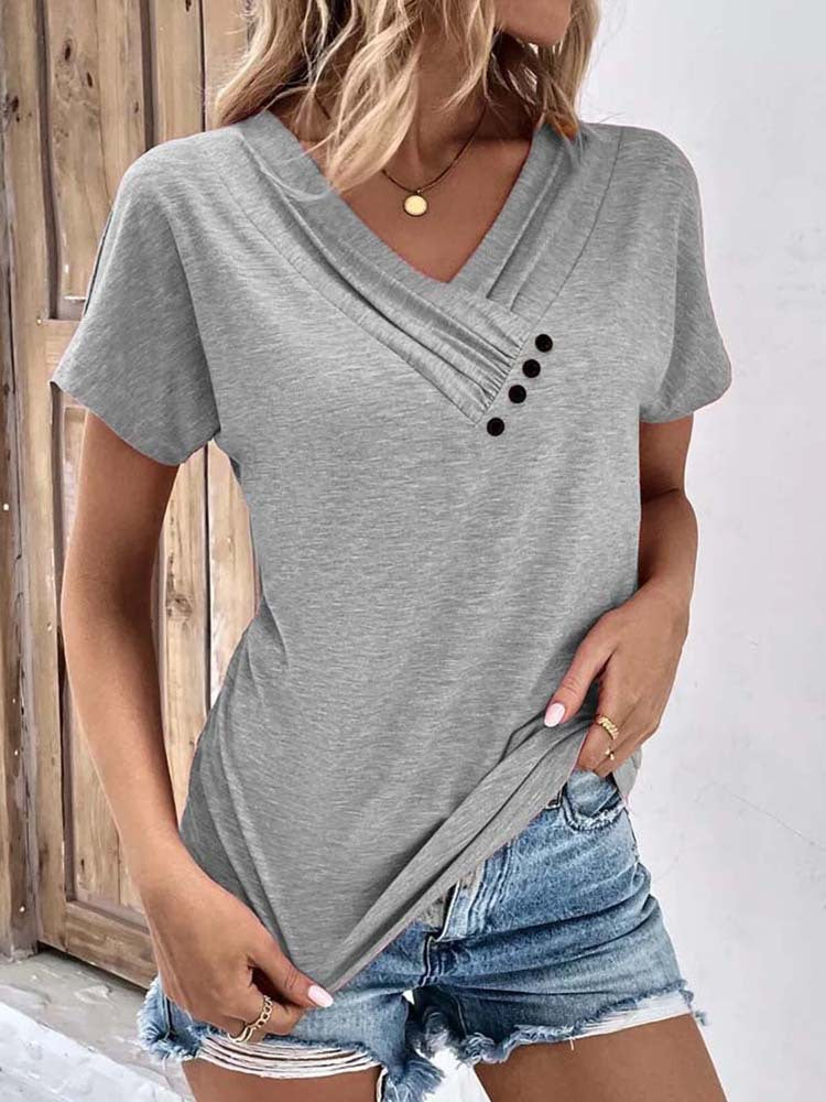 Women's Playful V-Neck T-Shirt with Refined Button Details Mune Fashion