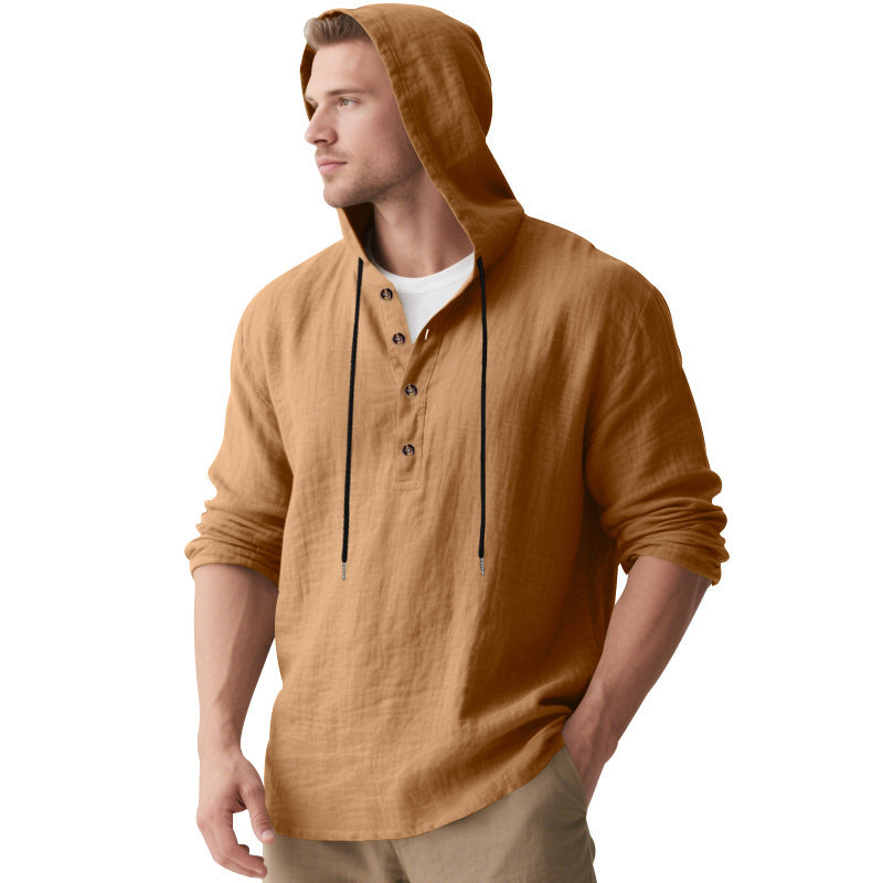 Men's Casual Hooded Henley Linen Blend Overshirt with Drawstring Mune Fashion