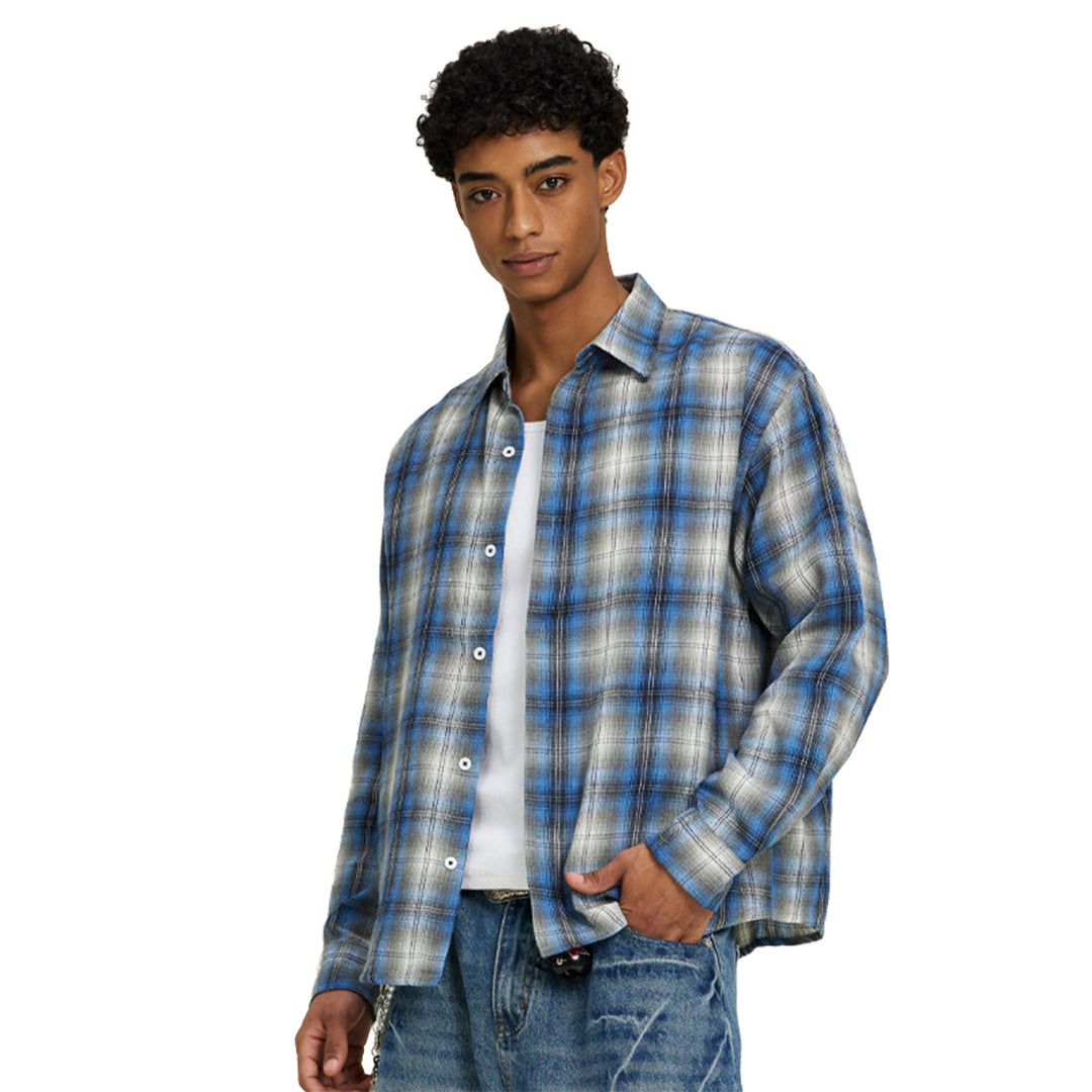 Men's Loose Checkered Flannel Shirt with Full Button Placket Mune Fashion