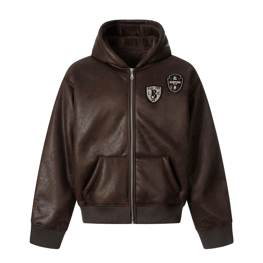 Men's hooded leather jacket with teddy lining and ribbed cuffs Mune Fashion