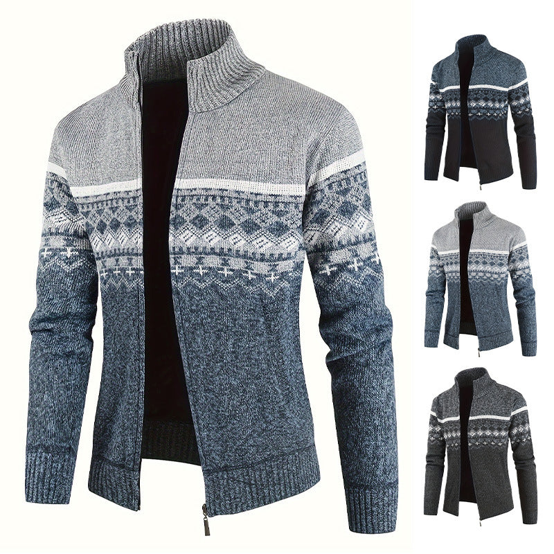 Men's Thermo Cardigan with Stand-up Collar and Zipper Norwegian Knit Fleece-lined Mune Fashion